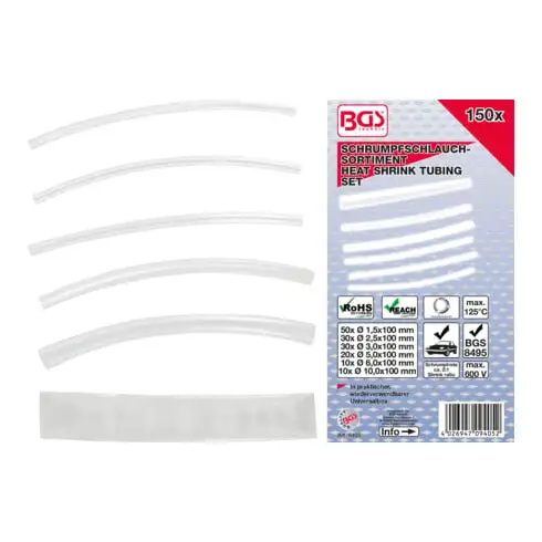 BGS Assortiment de gaines rétractables transparentes 150 pièces