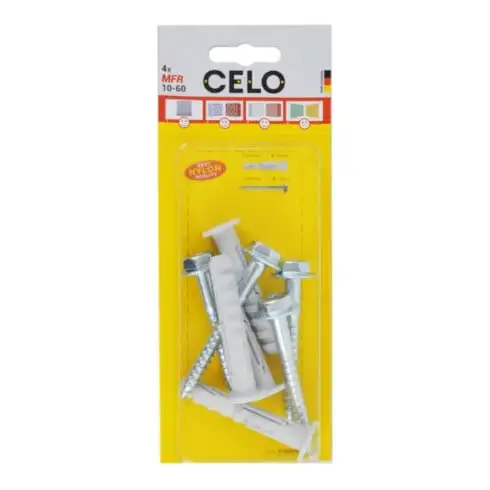Celo Chevilles pour cadres multifonctionnelles MFR FB 10-60 SSKS, collerette plate, vis hexagonale avec rondelle gaufrée, galvanisé, blister