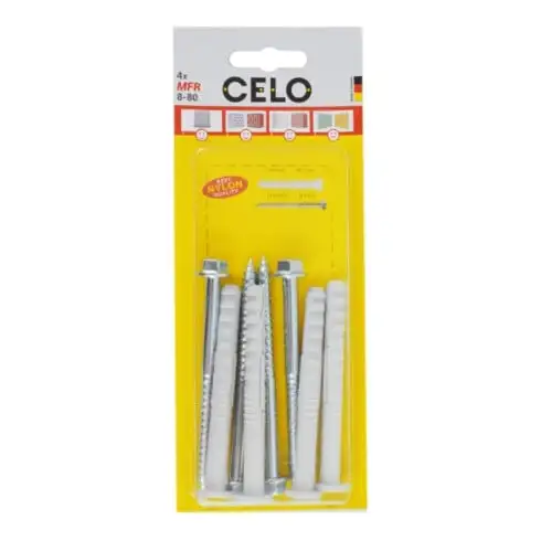 Celo Chevilles pour cadres multifonctionnelles MFR FB 8-60 SSKS, collerette plate, vis hexagonale avec rondelle gaufrée, galvanisé, blister