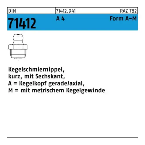 DIN 71412 Graisseur conique, acier inoxydable A4 A M6x1 HP