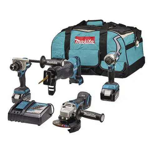 Set de machines sans fil Makita 18V (DDF486+DTD153+DGA504+DJR187) / 5,0 Ah, 2 batteries + chargeur