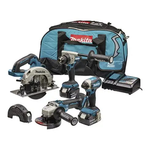 Set de machines sans fil Makita 18V (DDF486+DTD153+DHS660+DGA504) / 5,0 Ah, 2 batteries + chargeur dans sac de transport