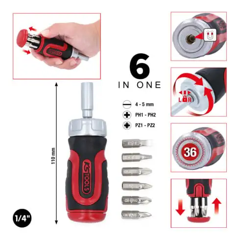Tournevis tom pouce à cliquet KS Tools 1/4" 6 en 1